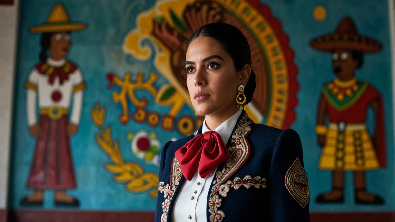 Mujer mexicana determinada frente a mural vibrante