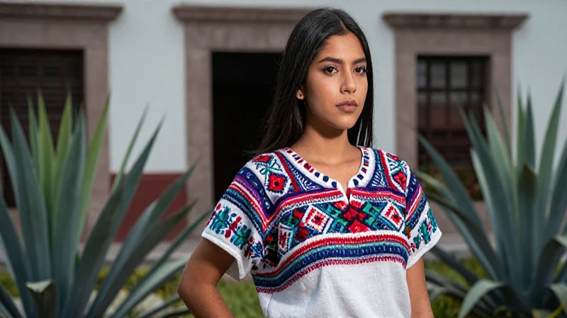 Retrato de joven mexicana en huipil moderno