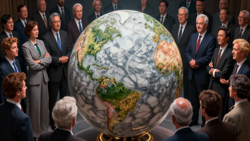 Ilustración dramática de líderes globales en mármol