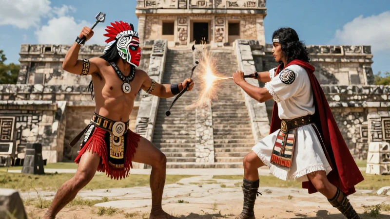 Combate Mexica y conquistador en ruinas antiguas