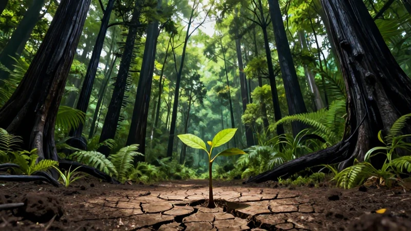 Bosque en contraste con vida que florece