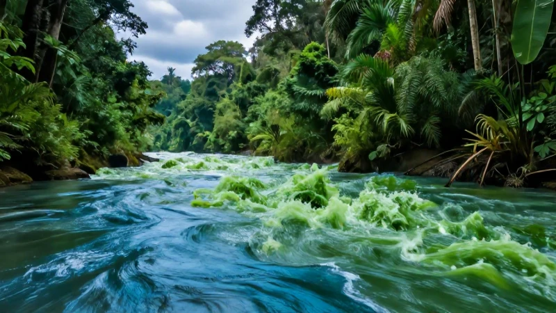 Río contrastante: agua azul pura contra contaminación verde tóxica