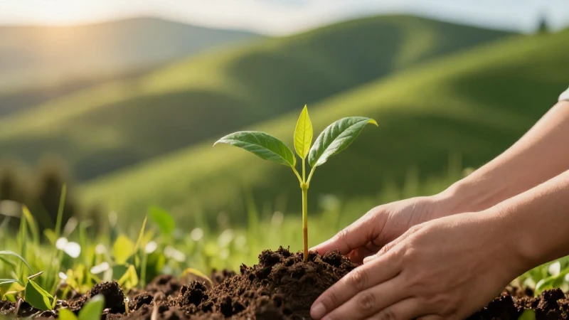 Plantar un pequeño brote en un paisaje vibrante al atardecer