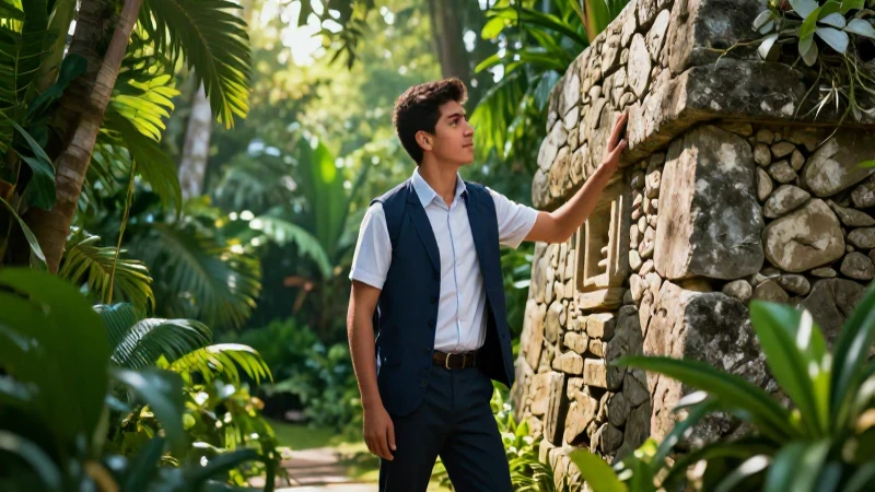 Joven profesional visita ruina tropical