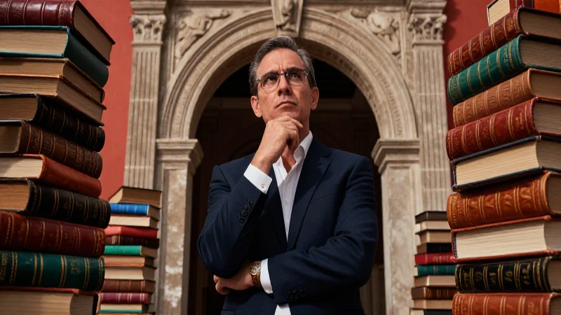 Intelectual decidido ante arcos clásicos y libros