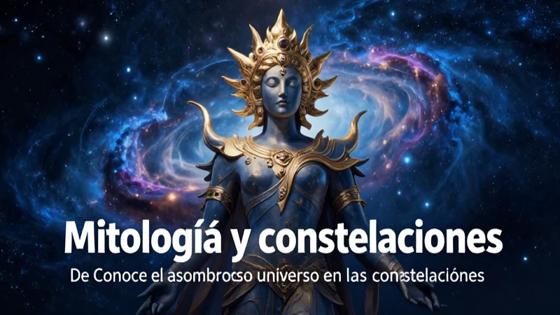 Figura mitológica celestial en cosmos azul y oro