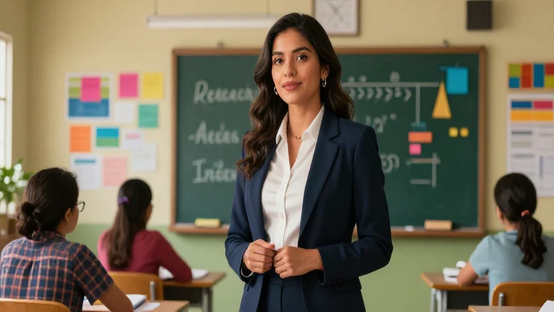 Profesora vibrante en moderno aula mexicana