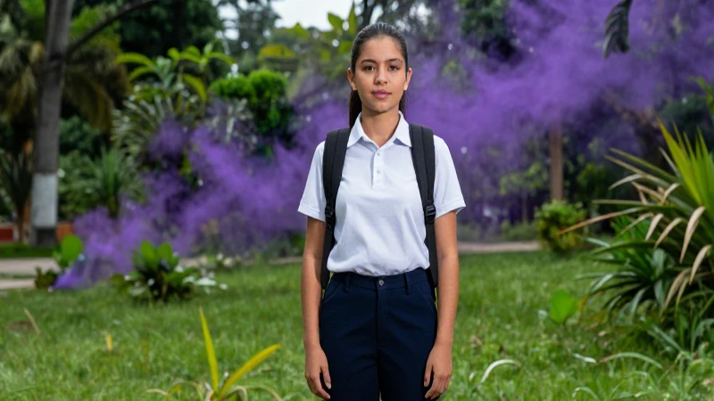 Estudiante mexicano vibrante frente a un paisaje natural con contaminación