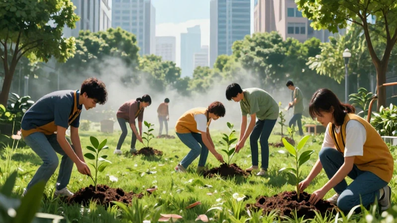 Jóvenes plantan árboles en un entorno urbano vibrante