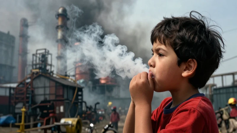 Niño respirando en smog industrial, estilo revista educativa