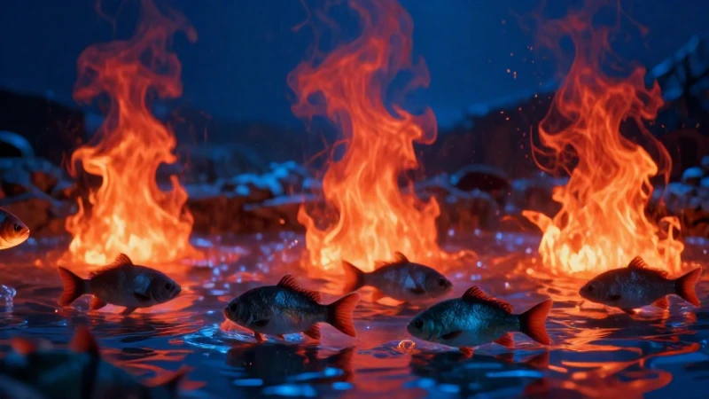 Peces sufren cerca de agua hirviendo en colores vibrantes
