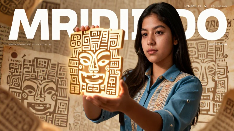 Joven estudiante mexicano sostiene un glifo azteca luminoso