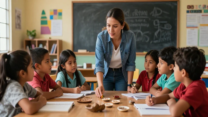 Contenidos locales: Transformando la nueva escuela mexicana 4 Maestro guía a niños explorando cultura indígena mexicana