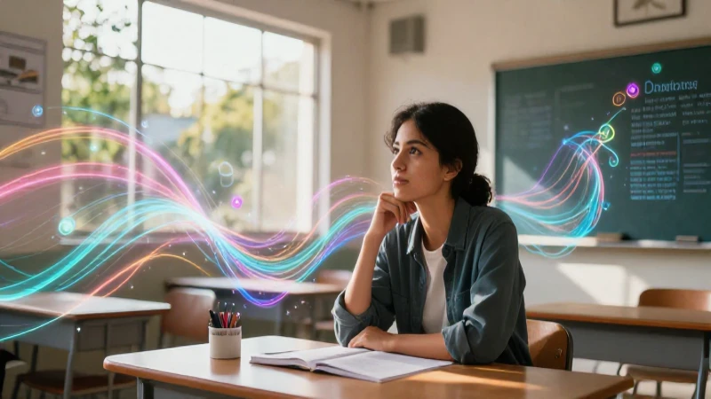 Educador reflexivo en aula moderna con luz y datos