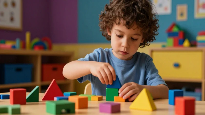Niño preescolar concentrado en bloques coloridos