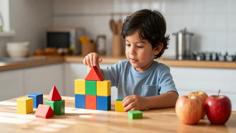 Niño mexicano feliz con bloques y manzanas