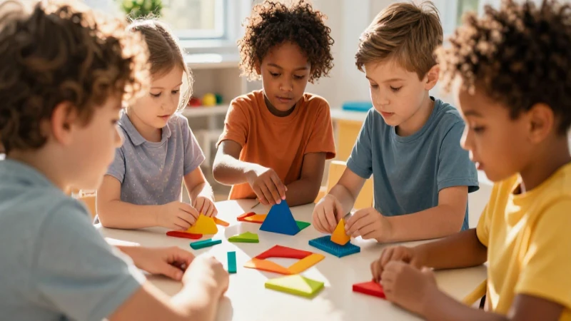 Niños aprendiendo con bloques de colores en luz dorada