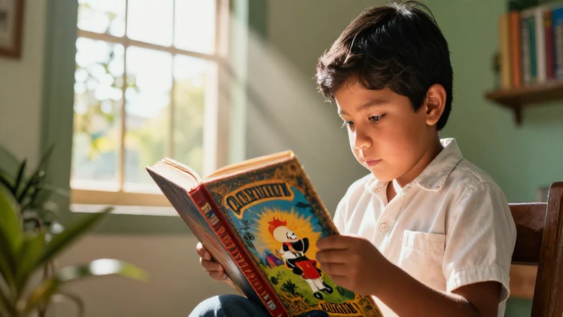 Niño mexicano leyendo un libro antiguo bajo la luz