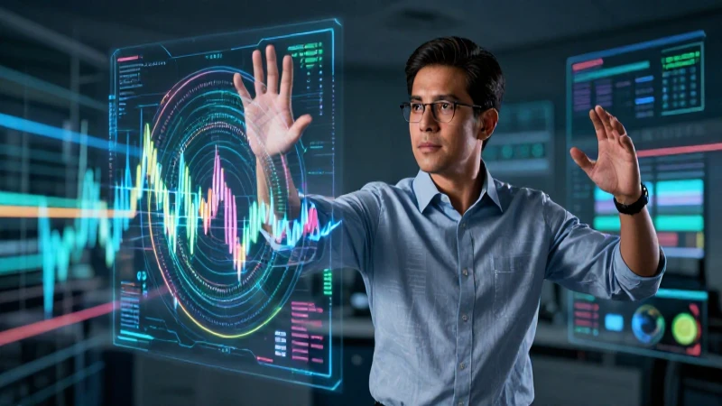Educador mexicano en pose dinámica con datos abstractos