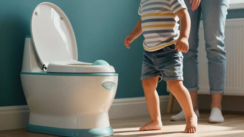 Control de esfínteres: guía para su desarrollo y apoyo 6 Niño feliz cerca de un moderno inodoro colorido