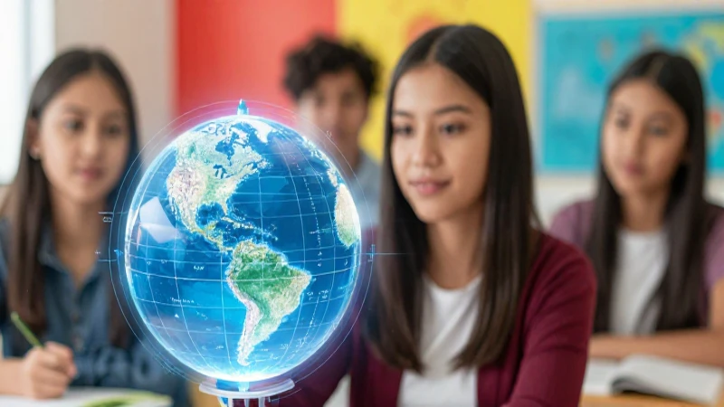 Estudiante mexicano con globo holográfico educativo