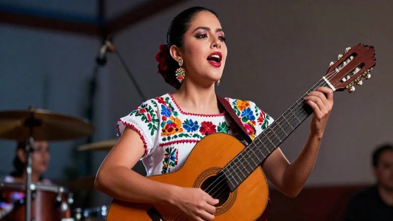 Conoce la belleza y tradición de la copla en su forma más auténtica 3 Joven cantora mexicana de copla con traje tradicional