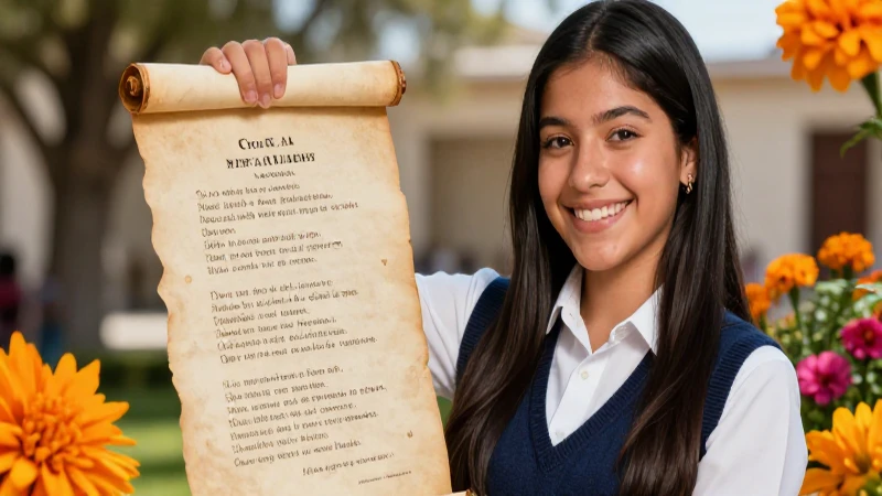 Estudiante mexicano moderno con poesía y cempasúchil