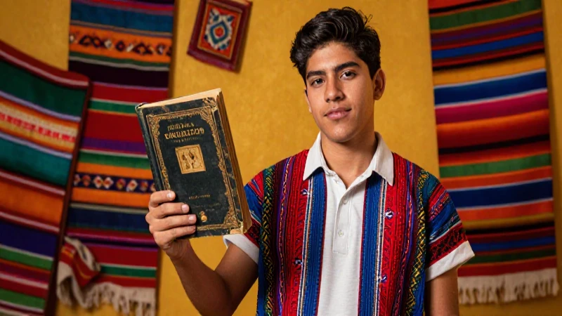 Estudiante mexicano con libro, luz dorada y texturas