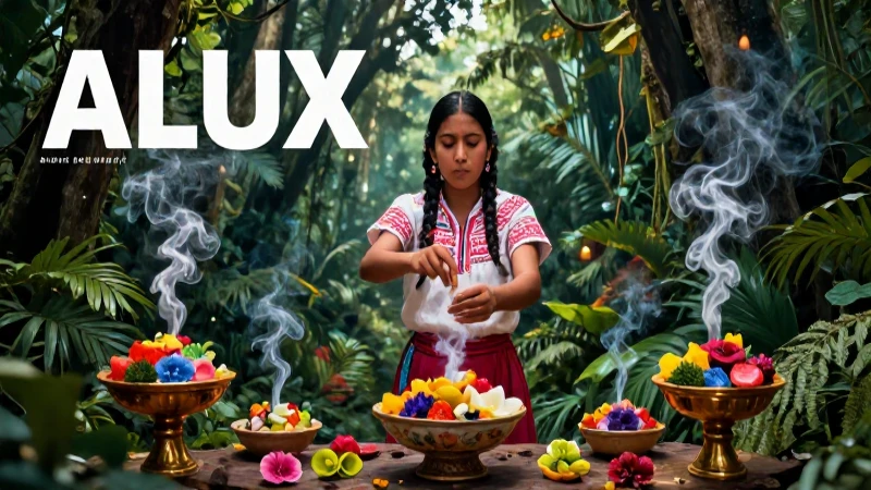 Majestuoso Alux en jungla con ofrendas mexicanas