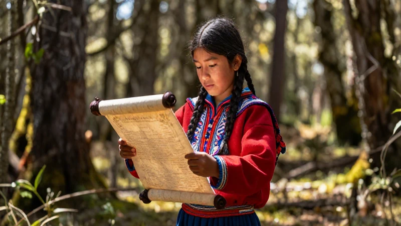 Joven mapuche estudiando un pergamino ceremonial