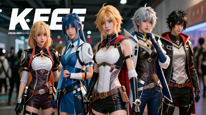 Cosplayer: Qué es, definición, orígenes y clasificación 4 Cosplayers dinámicos en un fondo de convención vibrante