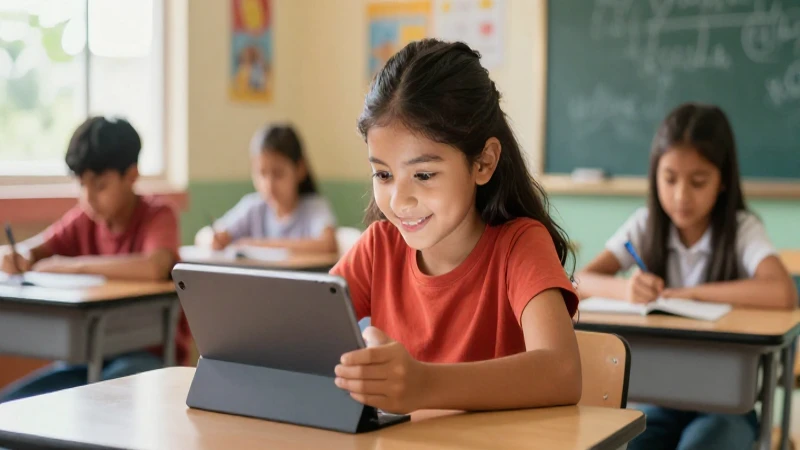Aula mexicana moderna con estudiante y tablet