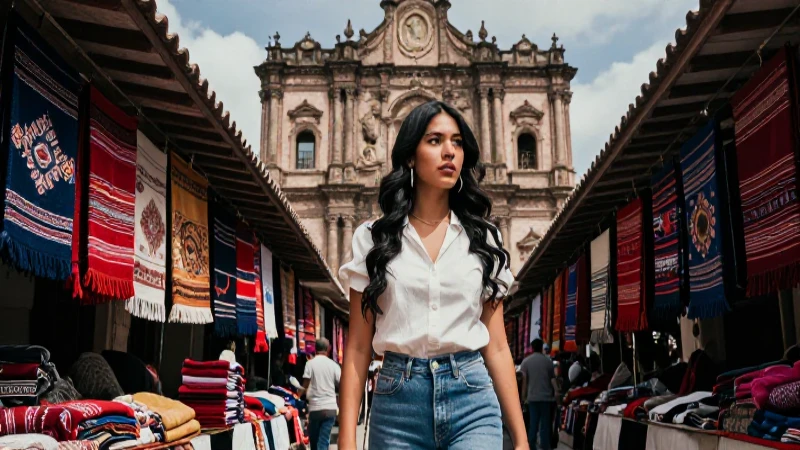 Mujer mexicana explora vibrante mercado colonial histórico