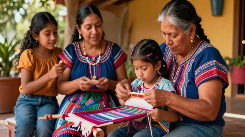 Abuela y nieta tejen en una escena vibrante y cálida
