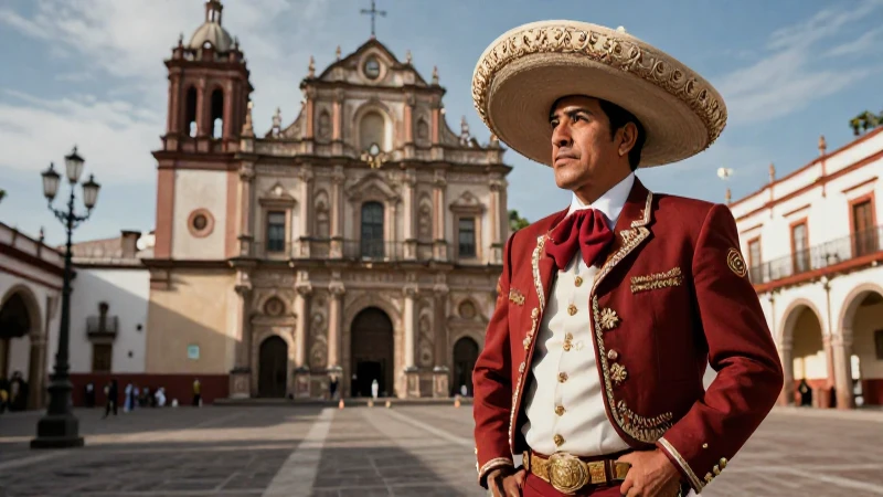 Plaza mexicana barroca con figura mestiza detallada