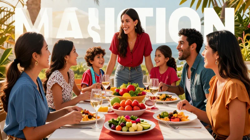 10 costumbres familiares para crear recuerdos y fortalecer lazos 9 Familia mexicana diversa disfruta cena vibrante al atardecer