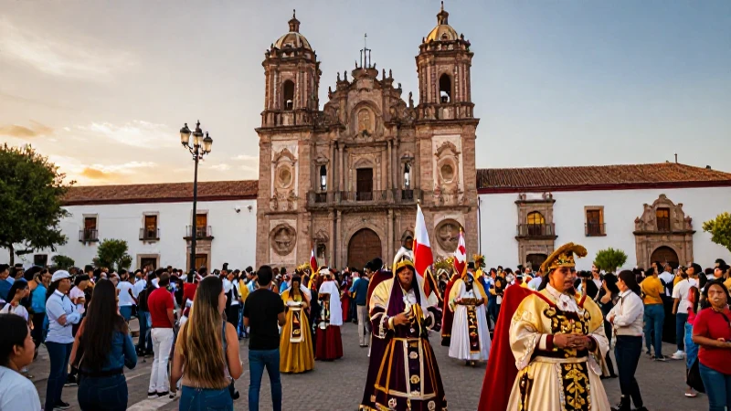 Cuáles son las costumbres y tradiciones en México y el mundo 4 Procesión mexicana vibrante en arquitectura colonial
