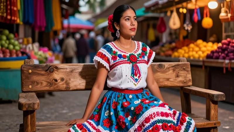 Costumbrismo: Origen, características y sus representantes 4 Mujer mexicana tradicional en un mercado vibrante