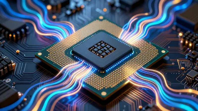 CPU: Qué es, funciones, partes y características esenciales 5 CPU detallada con flujos de datos vibrantes