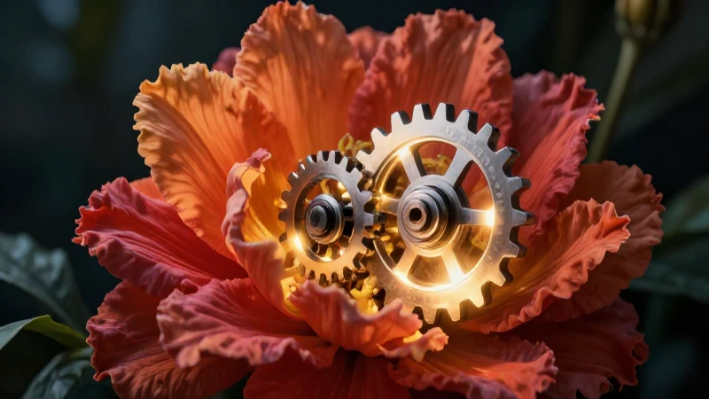 Engranaje y flor se unen en contraste vibrante