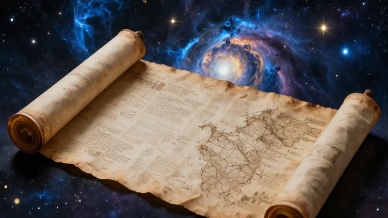Papiro antiguo y nebulosa cósmica en contraste cinematográfico