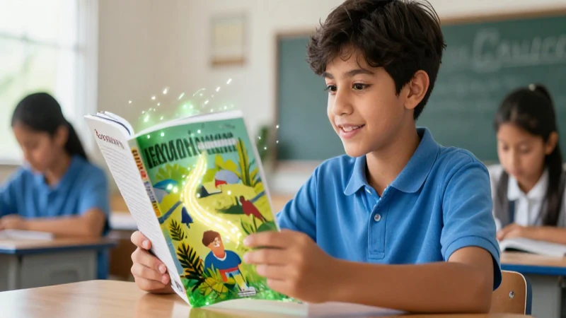 Estudiante joven interactúa con un libro luminoso en México