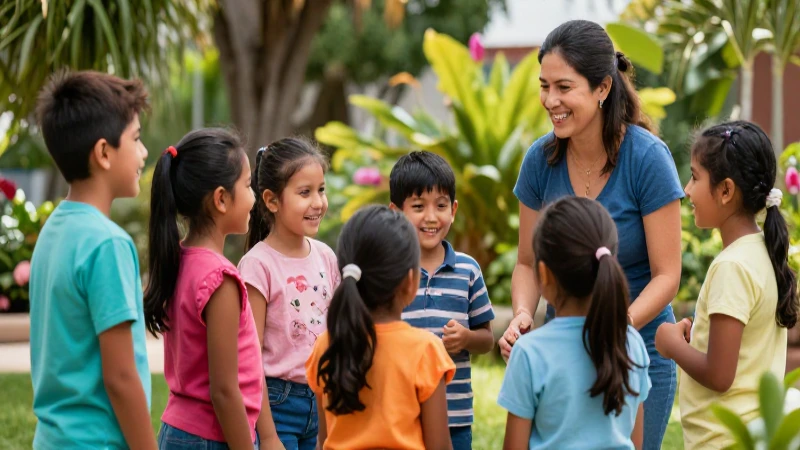 Niños mexicanos felices interactúan en un jardín