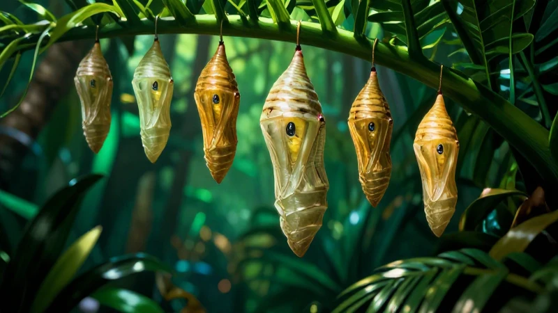 Crisálida: Definición, características y su papel en el arte 3 Metamorfosis de crisálida tropical de estilo editorial