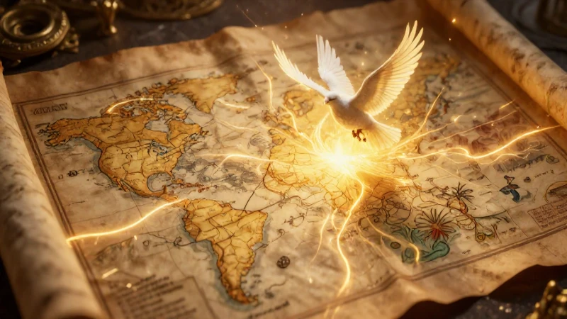 Mapa histórico con energía y paloma de paz