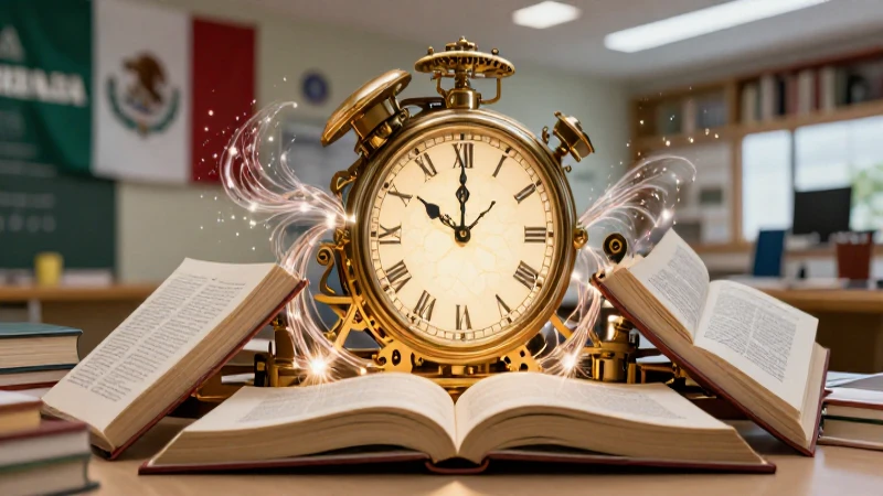 Cronopios: Definición, características y concepto esencial 3 Reloj y libros brillan en un entorno educativo moderno