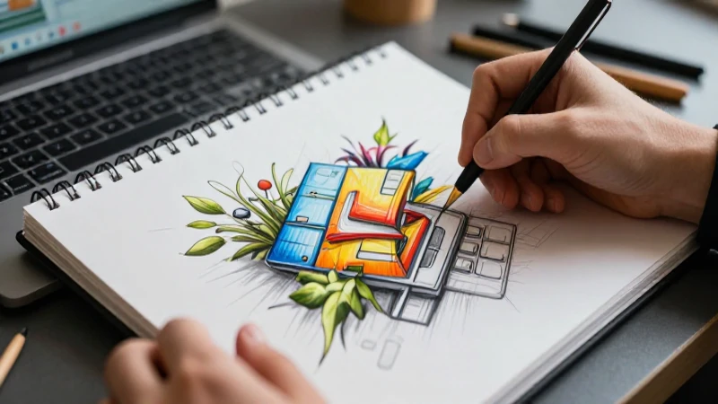 Manos dibujando diseño conceptual en cuaderno