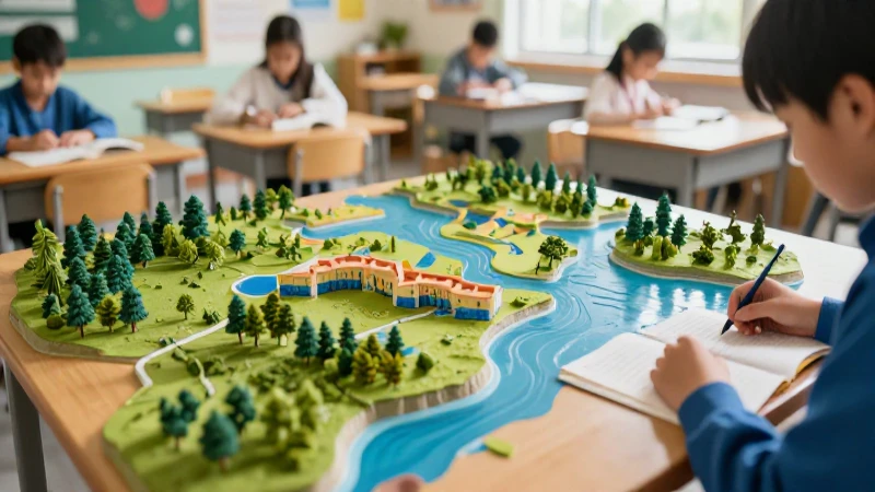 Escena didáctica realista con modelos geográficos 3D