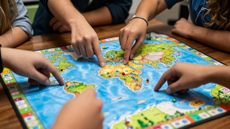 Estudiantes juegan con mapa geográfico vibrante