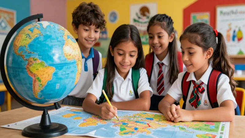 Alumnos mexicanos felices en mapa colorido